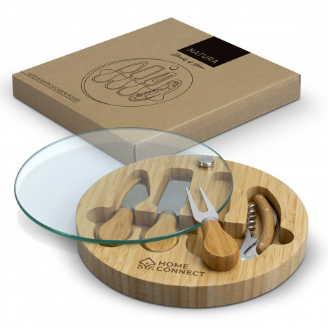 Serving Board - NATURA Glass & Bamboo Cheese Board Set 5 Piece - Laser Engraving 68mm x 20mm
