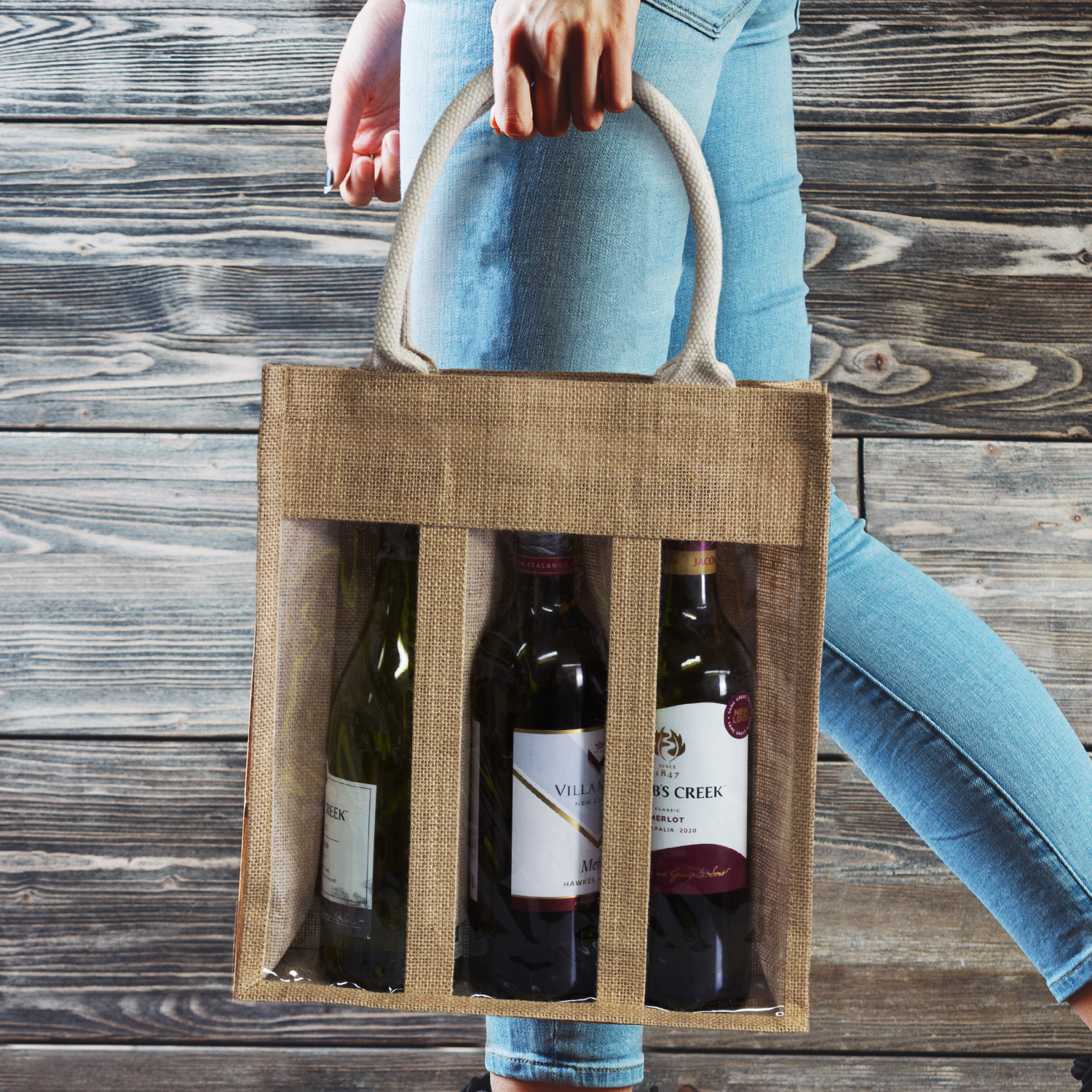 Carry Bag - Jute Triple Wine Carrier - Carry 3 bottles with ease